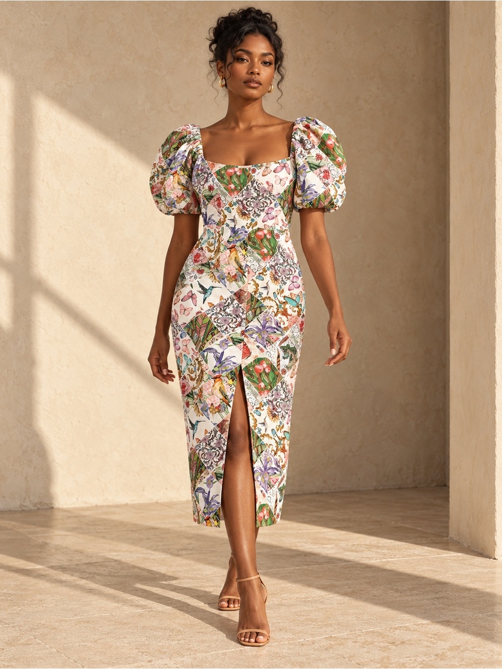Marlea Monte-Carlo Cotton Patchwork Print Puff Sleeve Midi Dress M